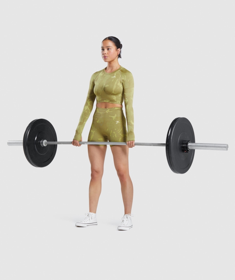 Gymshark Adapt Kamuflaj Dikişsiz Uzun Kollu Kırpma üst Savan Griffin Yeşili