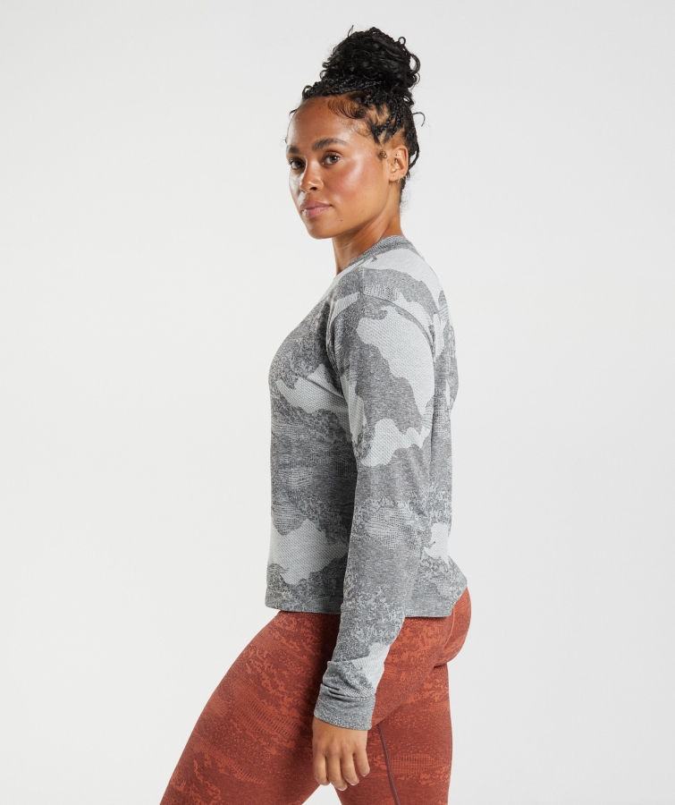 Gymshark Adapt Kamuflaj Dikişsiz Uzun Kollu üst Lav Açık Gri-siyah