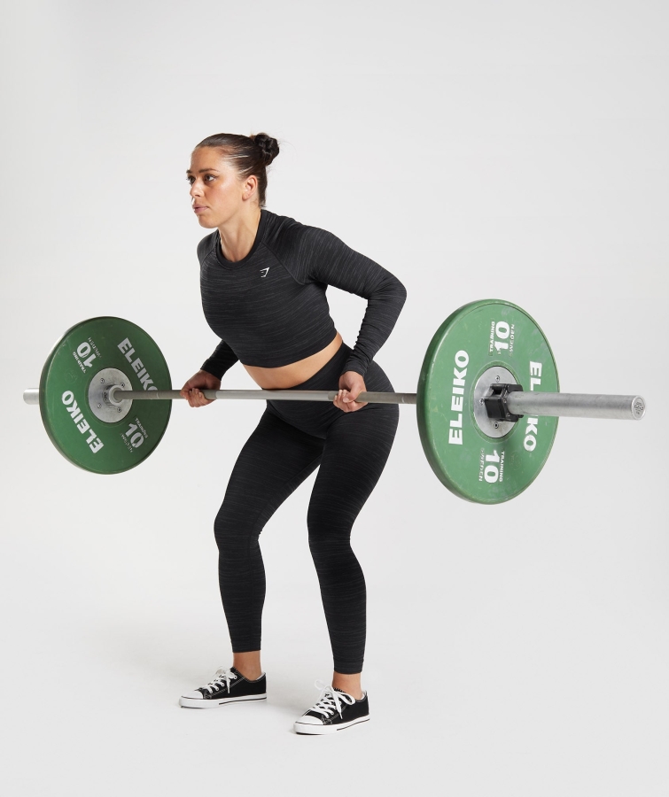 Gymshark Adapt Marl Dikişsiz Uzun Kollu Kırpma üst Vlt-siyah-dumanlı Gri