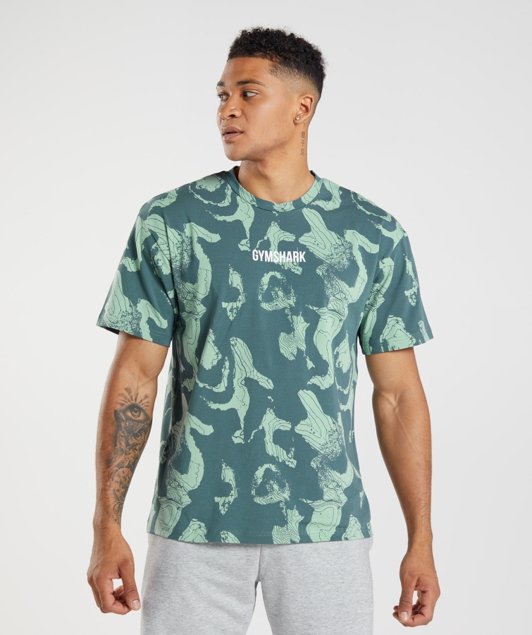 Gymshark Harita Baskısı Büyük Boy Tişört Deniz Mavisi Baskı