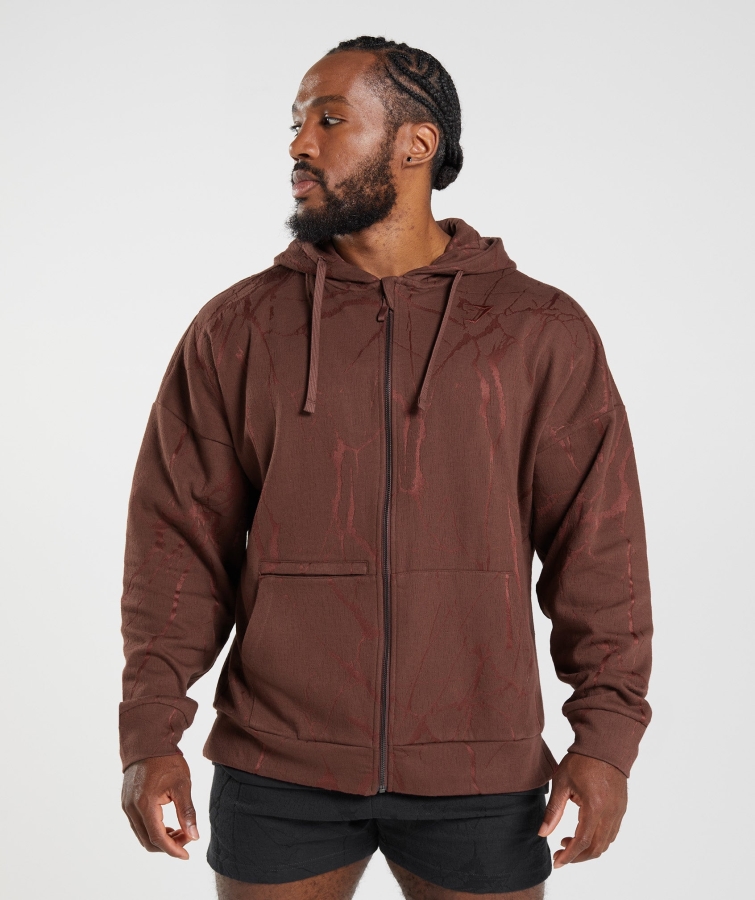 Gymshark Power Zip Kapşonlu Kiraz Kahverengi Baskı