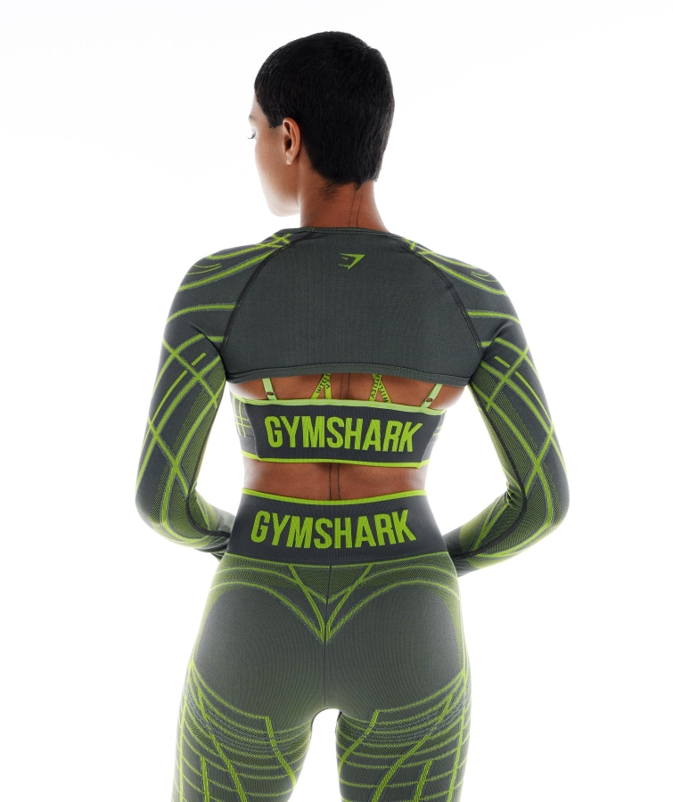 Gymshark Wtflex Lineer Dikişsiz Uzun Kollu Omuz Silkme Gri-fluo Yeşil-açık Gri